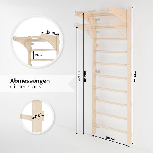 Adult (230 cm) wall bars with pull-up bar, wooden climbing wall, multifunctional fitness equipment, climbing ladder for adults & children, 100% ECO, Made in EU.
