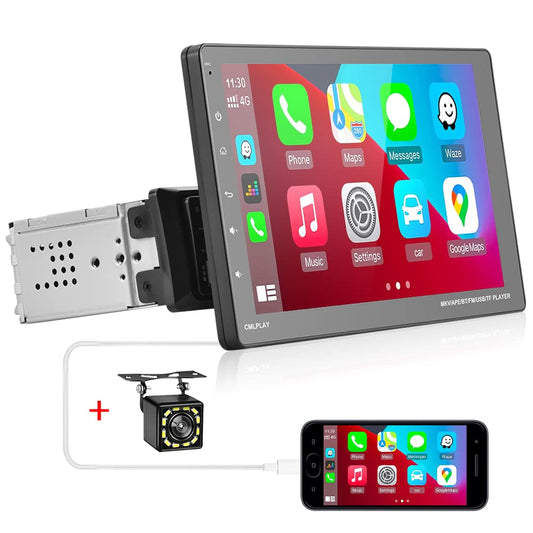 Podofo 1Din car stereo with Carplay & Android Auto, 9-inch Bluetooth single Din Android radio with iPhone Android Mirror Link/SWC/FM radio/AUX/colorful light + rear view camera