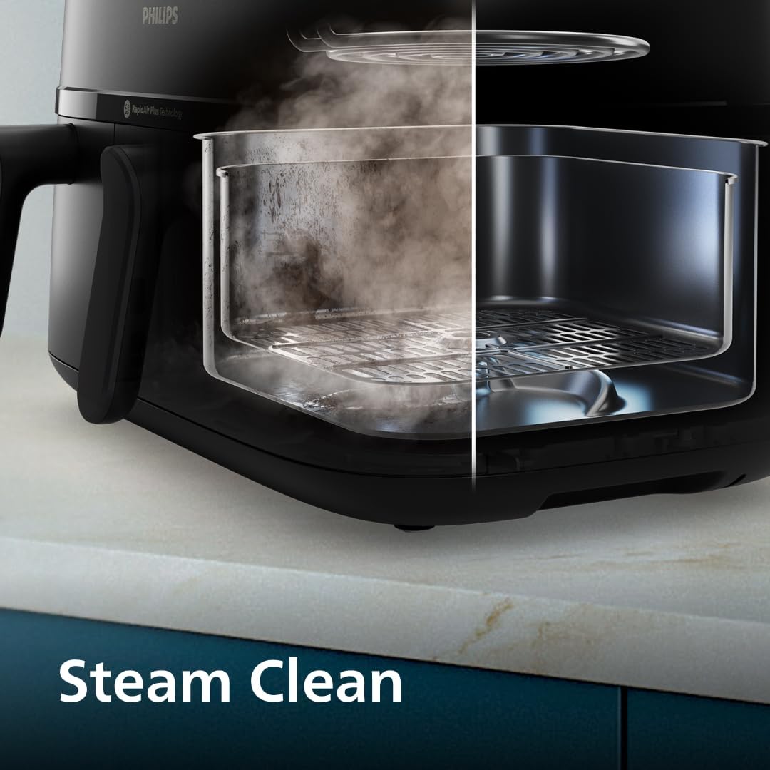 Philips Steam Airfryer 5000 Series Dual Basket - Airfryer & Steamer in one device, 9L, RapidAir Plus Technology, 19 cooking functions, 90% less fat, 2 baskets, steam cleaning (NA550/00)
