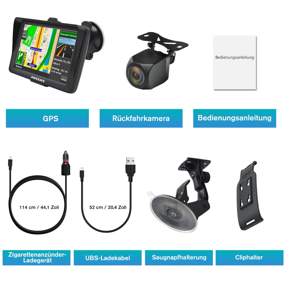 AWESAFE Bluetooth GPS device for car with backup camera, 7 inch touchscreen, supports 2023 Europe maps with lifelong free updates, GPS navigation for car, car, truck.