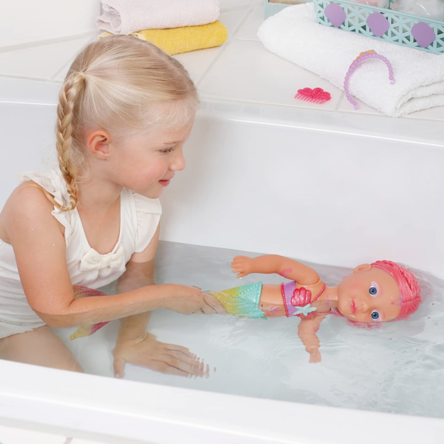 BABY born Little Sister Mermaid 46 cm, waterproof mermaid doll with long hair and movable glitter tail, includes tiara & comb, 833681 Zapf Creation