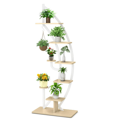COMFOTEU 5-Tier Plant Stand, Metal Flower Stand, Plant Stand with Anti-Tipping, Flower Stand with 7 Levels & 1 Hook, Display Shelf for Garden Balcony Living Room, White (1 Piece)