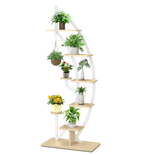 COMFOTEU 5-Tier Plant Stand, Metal Flower Stand, Plant Stand with Anti-Tipping, Flower Stand with 7 Levels & 1 Hook, Display Shelf for Garden Balcony Living Room, White (1 Piece)