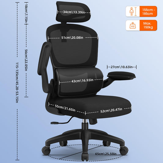 Aiidoits office chair, Ergonomic Office Chair with Adjustable Headrest, Lumbar Support, and Folding Armrests, Executive Chair 150kg, Ergonomic Chair Rocking function up to 135°.