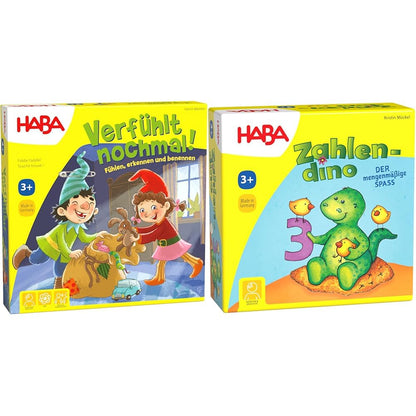 HABA 304508 Touchy Feely, sensory game for children aged 3 and up, wooden pieces playfully develop fine motor skills & 4928 - Number Dino, dinosaur-themed numbers and memory game for 1-4 children aged 3-8.