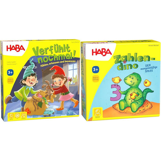 HABA 304508 Touchy Feely, sensory game for children aged 3 and up, wooden pieces playfully develop fine motor skills & 4928 - Number Dino, dinosaur-themed numbers and memory game for 1-4 children aged 3-8.