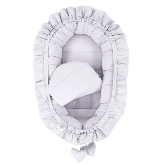 Baby nest for newborns with carrying handle, 90 x 50 cm. Portable cocoon nest for bed, cuddle nest for boys and girls. Grey.