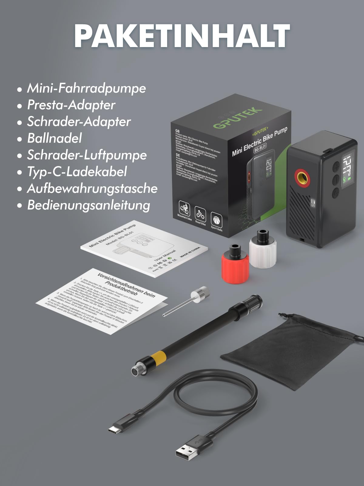 GPUTEK Electric Bike Pump, Bike Accessory 120 PSI cordless bike pump with pressure gauge, auto-off, and LED light. For e-bikes, mountain bikes, city, and road bikes with Presta and Schrader valves.