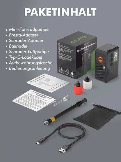 GPUTEK Electric Bike Pump, Bike Accessory 120 PSI cordless bike pump with pressure gauge, auto-off, and LED light. For e-bikes, mountain bikes, city, and road bikes with Presta and Schrader valves.