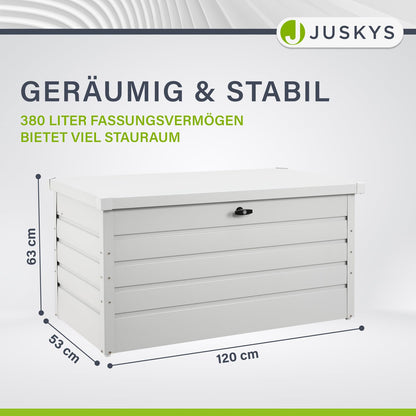 Juskys Metal Storage Box Limani 380 liters - Outdoor Box - waterproof, lockable - white garden box, cushion box for garden.