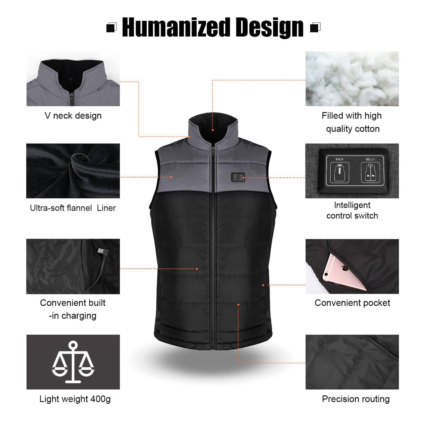 Heated Vest Women/Men, Lightweight Outdoor Heated Vest, Temperature Control Two Heating Zones Heated Jacket Heating Jacket with Heated Collar (Battery Not Included/Output 5V/2A or higher)