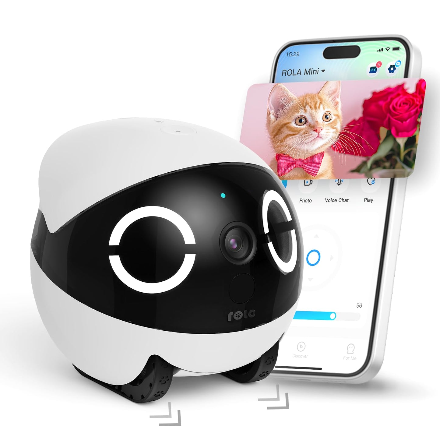 Enabot EBO ROLA Mini 2K Pet Camera Robot: Portable indoor camera with battery and phone app, one-touch call, 2-way audio, IR night vision, motion detection, video recording.