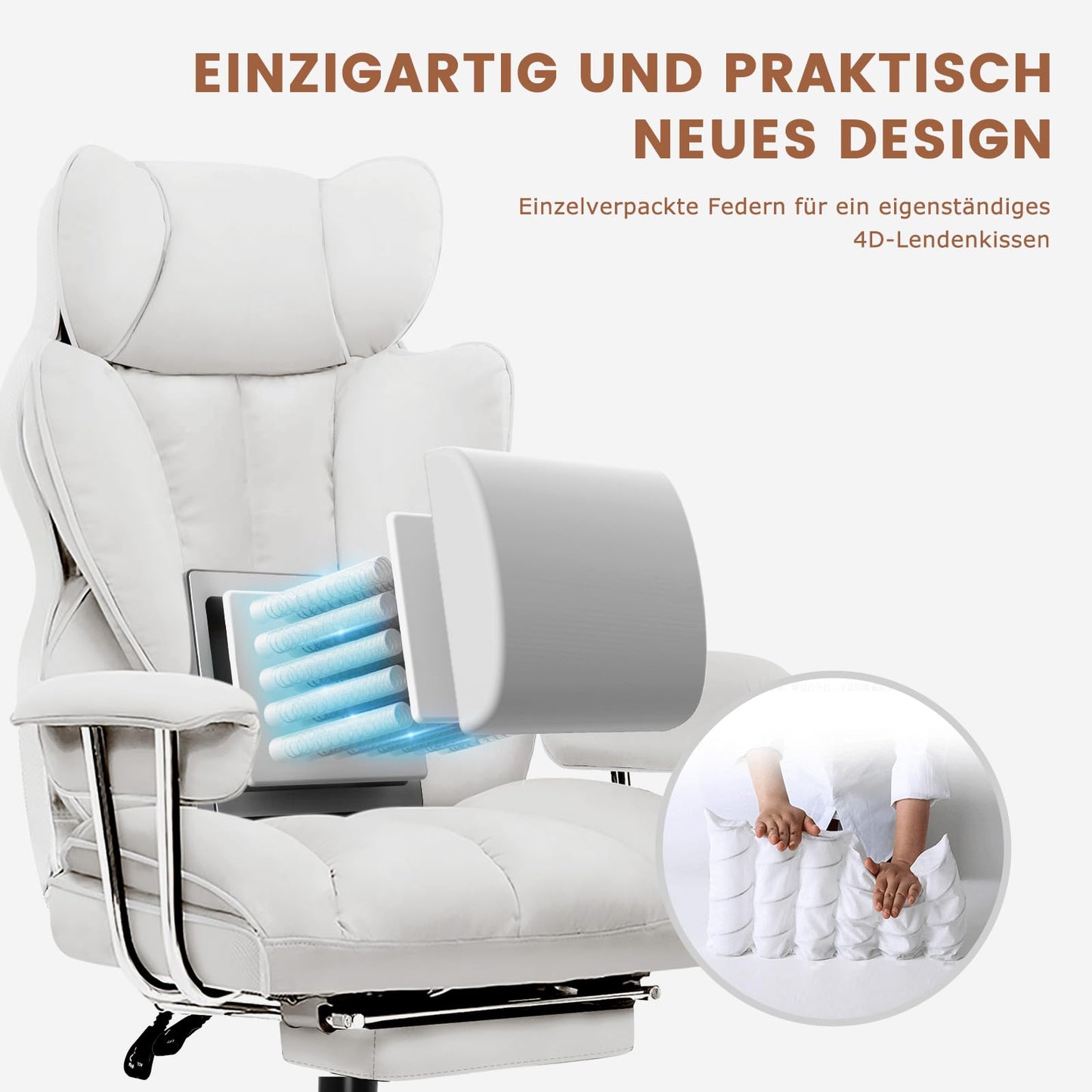 GTPLAYER Gaming Chair, Ergonomic Office Chair with Footrest, Fabric Surface, Spring Seat Cushion, Upholstered Gaming Chair, Gaming Armchair with 150kg Capacity, White.