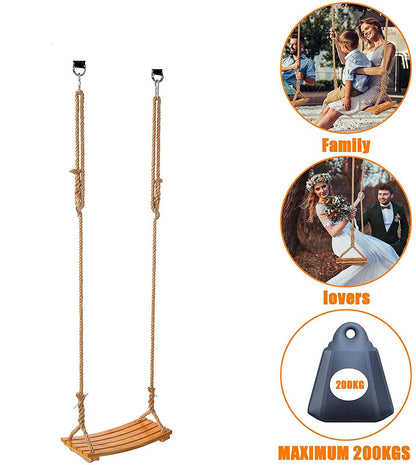 Wooden swing seat for adults kids, outdoor wooden swing with adjustable hemp rope for indoor and outdoor use. Extra wide seat tree swing 19 x 9.8 inches Capacity: 200KG.