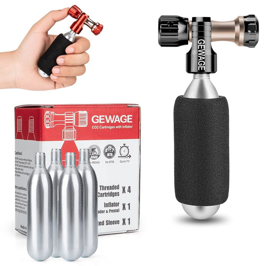 DARE CO2 bicycle pump for bike tires - CO2 bike pump including 4 pack CO2 cartridges 16g with thread and compatible Presta & Schrader valve for mountain bike and road bike. (Black)