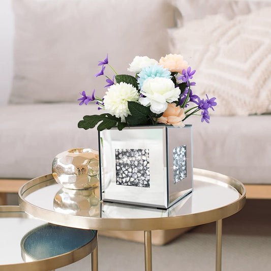 Glass vase, mirrored, crystal glass, 15.2 x 15.2 x 15.2 cm, decorative, flower, luxurious, for home decor, cannot hold water.