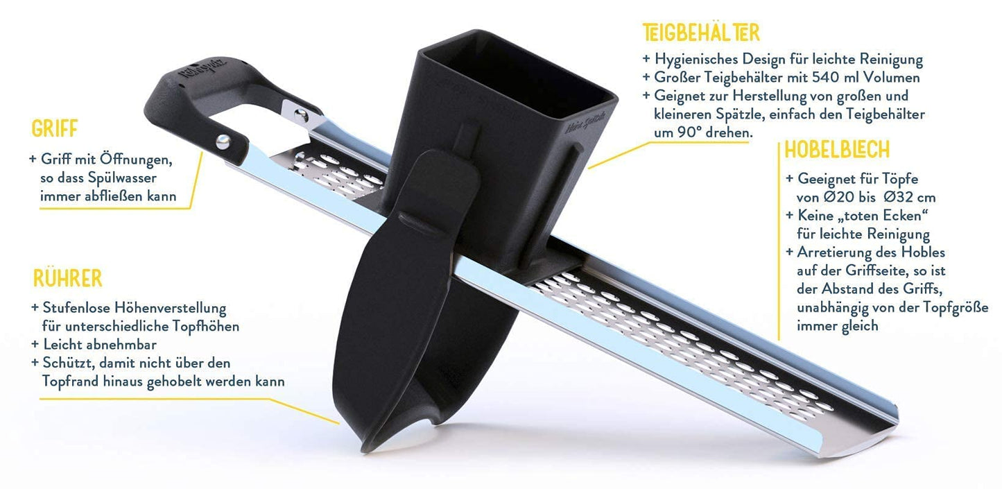 Rührspatz® patented in the Allgäu region: Stainless steel spätzle maker with stirring function, extra large dough container, cooks spätzle 4x faster! No more messy stovetop with stop function [Pot diameter up to 32 cm].