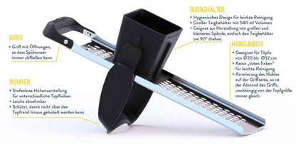 Rührspatz® patented in the Allgäu region: Stainless steel spätzle maker with stirring function, extra large dough container, cooks spätzle 4x faster! No more messy stovetop with stop function [Pot diameter up to 32 cm].