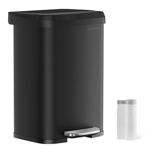 SONGMICS Kitchen Trash Can, 50 Liter Waste Bin, Metal Step Trash Can with Lid, Tall, Slim, and Spacious, Black LTB530B5002
