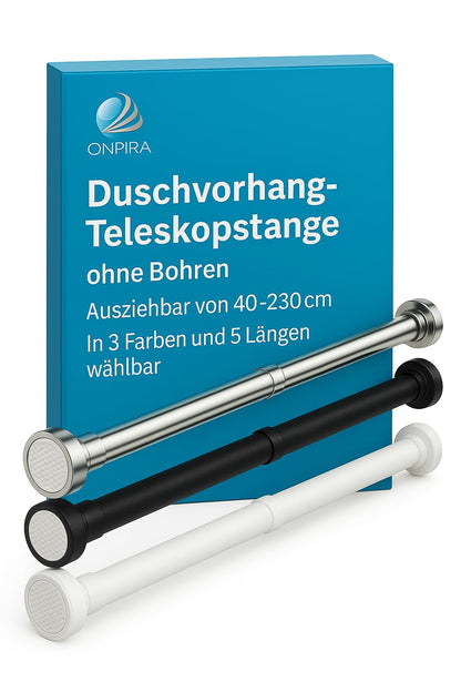 Onpira® telescopic shower curtain rod, adjustable without drilling - available in 5 lengths (40-240cm) & 3 colors - stainless steel telescopic rod for bathroom & shower, White or Black (95-150cm, Black)