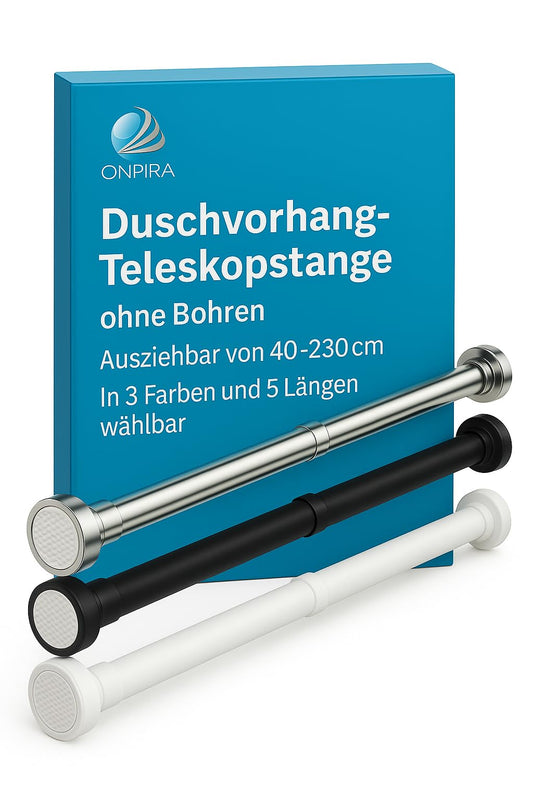 Onpira® telescopic shower curtain rod, adjustable without drilling - available in 5 lengths (40-240cm) & 3 colors - stainless steel telescopic rod for bathroom & shower, White or Black (95-150cm, Black)