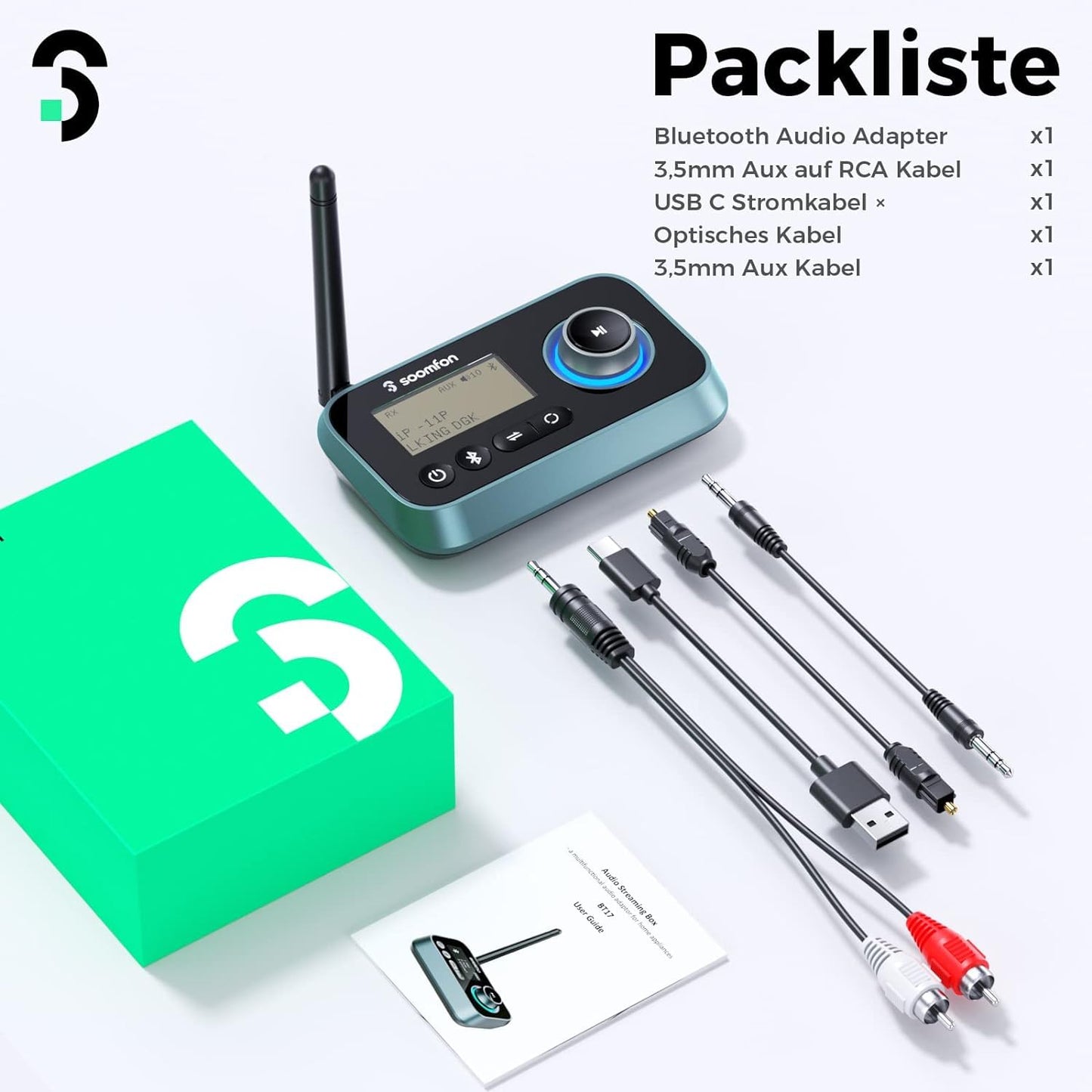 3-in-1 Bluetooth 5.0 transmitter receiver for 2 headphones, SOOMFON Bluetooth adapter for TV PC stereo system, low latency BT transmitter receiver with volume control, aux/RCA/optical.