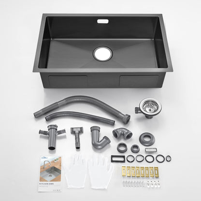 Kitchen sink, 1 basin, 70 x 44 cm, Auralum stainless steel sink with drain and plug, washbasin, for kitchen installation, with floral or undermount design, black sink