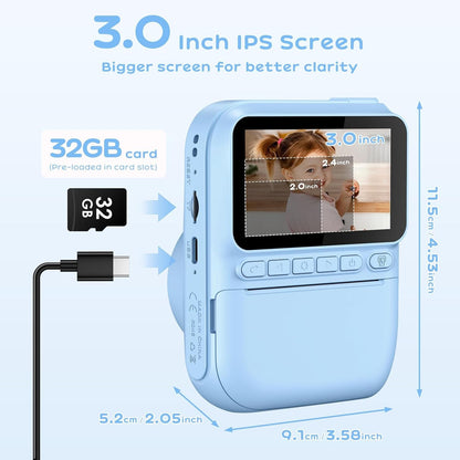 GREENKINDER Instant Camera for Kids,14MP 3.0 Inch Screen Kids Camera Instant Camera with 32G Card,Printing Paper & Colored Pens,1080P Kids Camera Instant Print, 3-12 Years