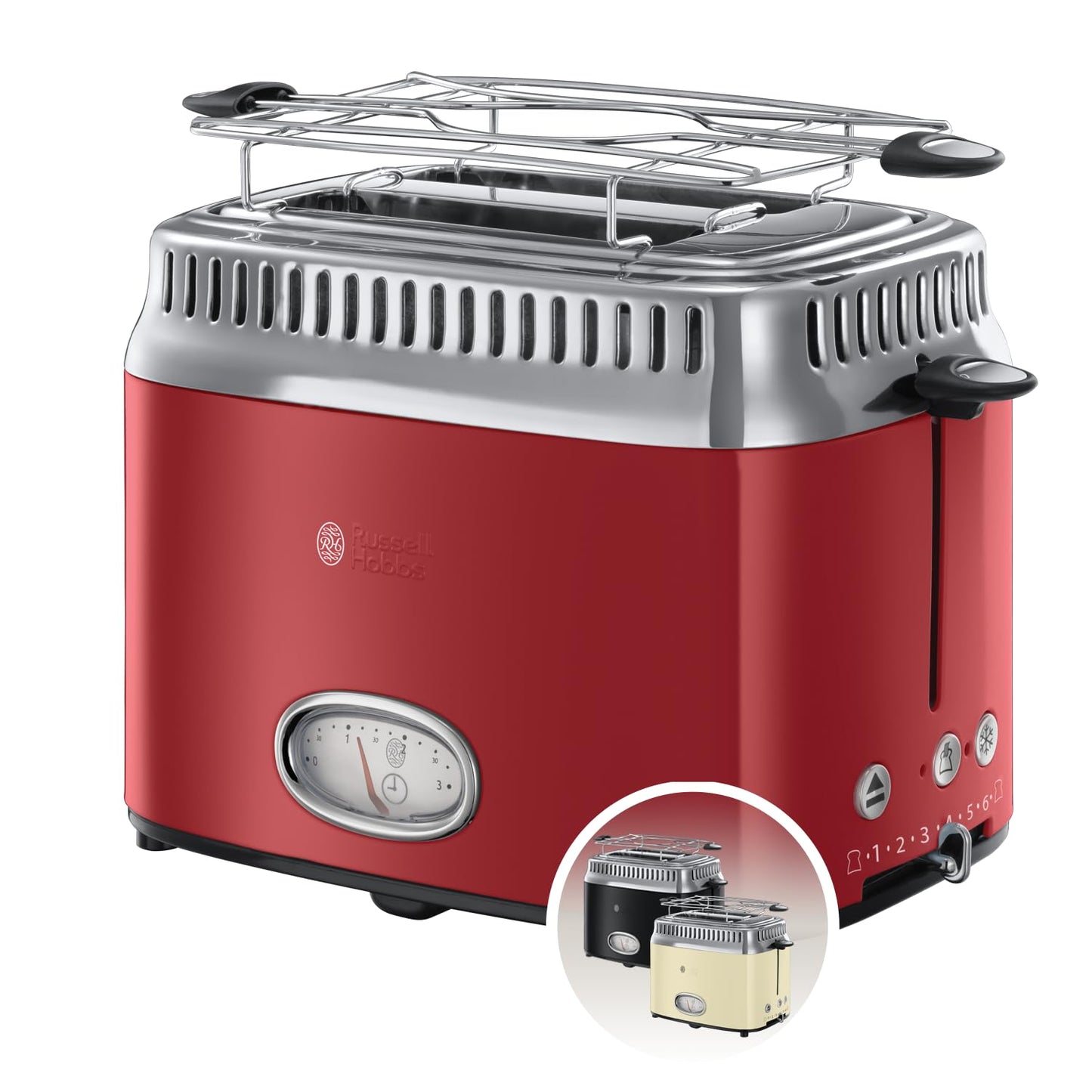 Russell Hobbs toaster [for 2 slices] Retro Stainless Steel Red (countdown display in retro design, including bun rack, 6 browning levels + defrost & reheat function, 1300W) Vintage 21680-56