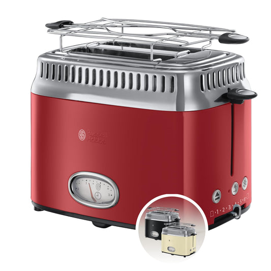 Russell Hobbs toaster [for 2 slices] Retro Stainless Steel Red (countdown display in retro design, including bun rack, 6 browning levels + defrost & reheat function, 1300W) Vintage 21680-56