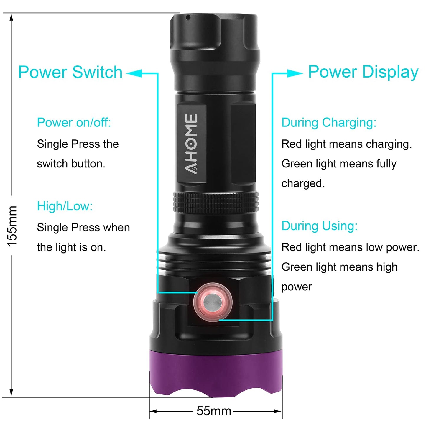 AHOME V30S UV 365nm flashlight [USB rechargeable] black light, ZWB2 filter, 3 high-performance ultraviolet LEDs, [5000mAh battery] and charging cable, for professional/commercial use.
