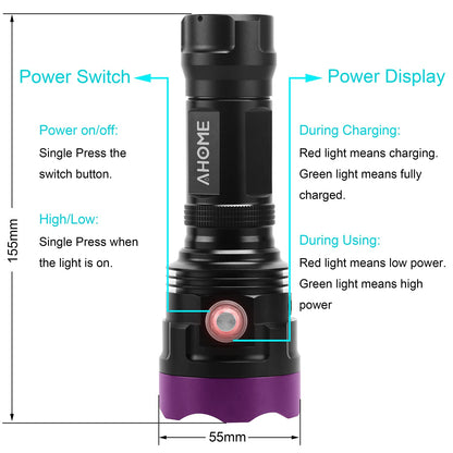 AHOME V30S UV 365nm flashlight [USB rechargeable] black light, ZWB2 filter, 3 high-performance ultraviolet LEDs, [5000mAh battery] and charging cable, for professional/commercial use.