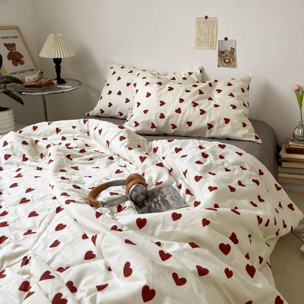 Nayoroom bedding 135x200 White with Red Hearts Duvet Cover 2-piece Microfiber Red White Hearts Bedding Set and Pillowcase 80x80 cm with zipper