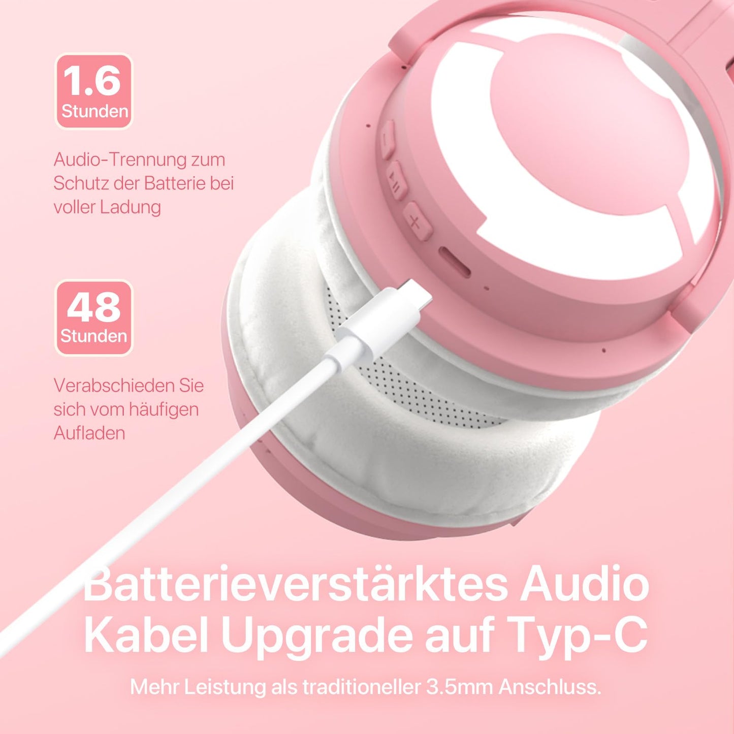 YOWU RGB Cat Ear Headphone 3S Wireless 5.0 Foldable Gaming Headset with built-in microphone & customizable lighting and effects through app, Type-C charging audio cable, for PC Laptop Mac Smartphone (Pink)