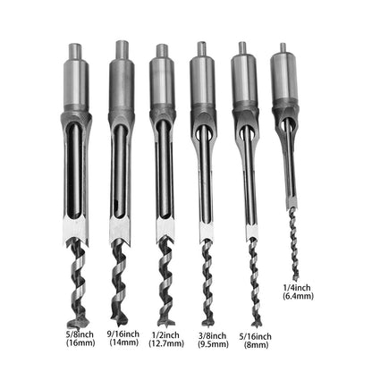 Square Hole Drill Bit Wood, 6 Pcs Square Hole Drill Bit Set Steel Woodworking Tools Spiral Drill Kits for Woodworking 6.35mm/8mm/9.5mm/12.7mm/14mm/16mm