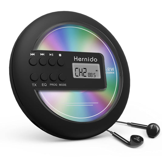 Hernido Portable CD Player for Car, compact CD player with FM transmitter, USB rechargeable Discman with headphones, shockproof/resume playback Walkman CD player