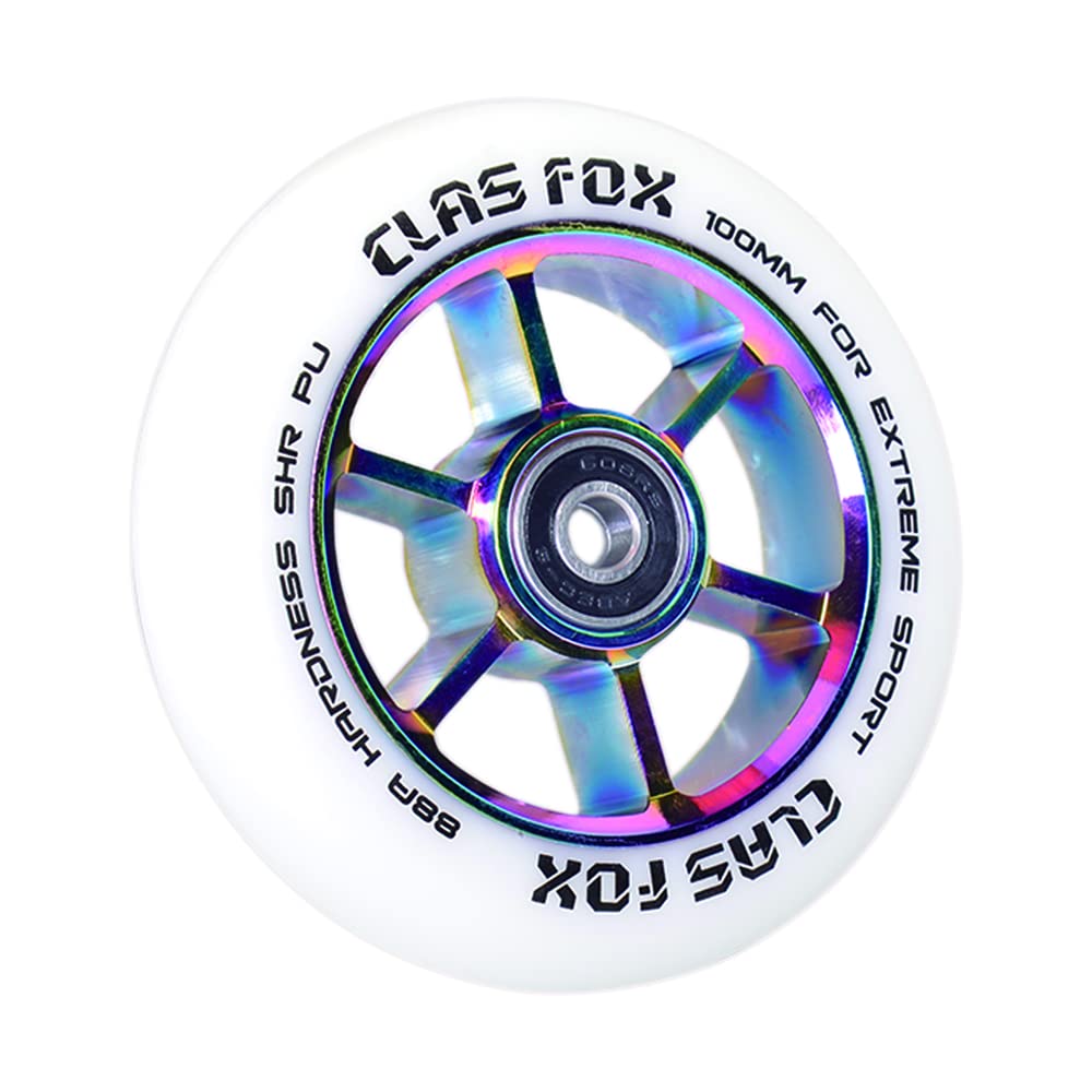 CLAS FOX Pro Stunt Scooter Wheels 100mm One Pair with ABEC-9 Bearings CNC Metal Core Graviti (2 pieces) (White-Rainbow)