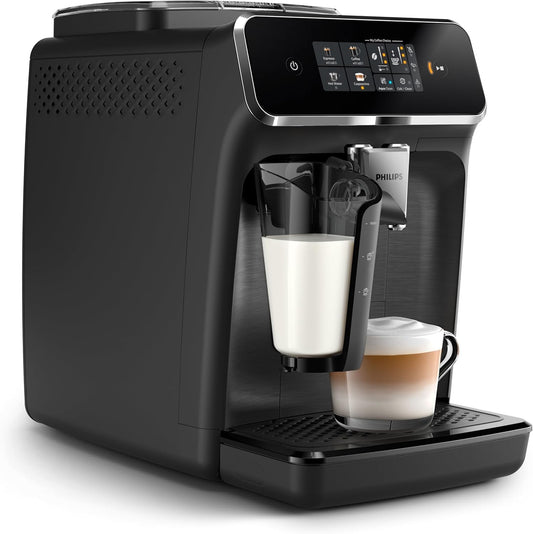 Philips 2300 Series Coffee Maker - 4 drinks, Modern color touchscreen display, LatteGo milk system, SilentBrew, 100% ceramic grinder, AquaClean filter. Matte black (EP2330/10)