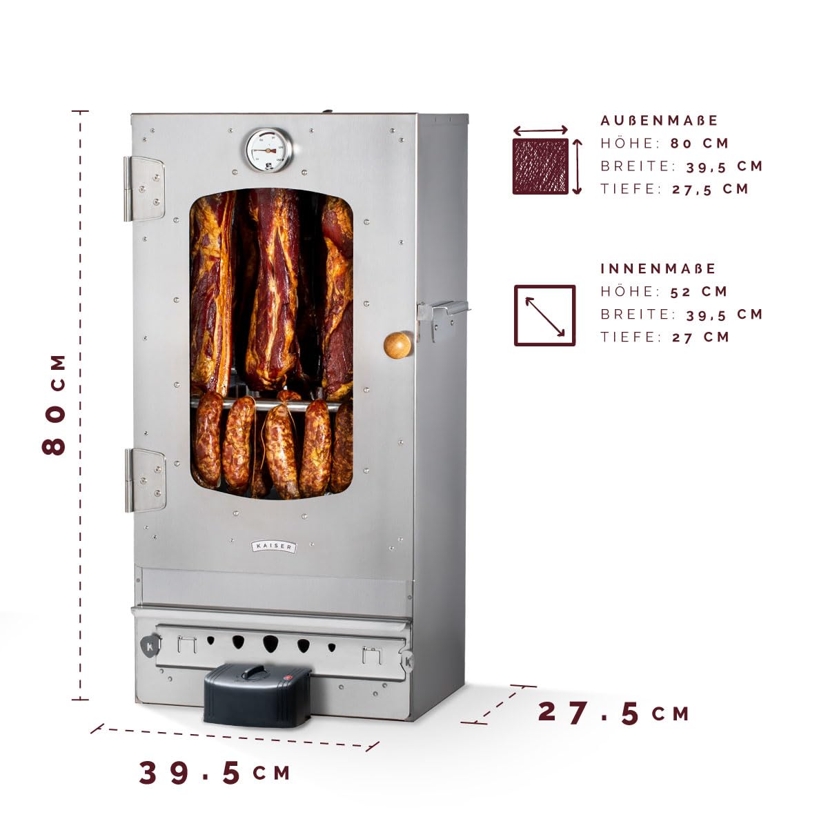 KAISER COMPANY '50' High-Quality Electric Smoker in Stainless Steel I Portable 80 cm Smoker I Perfect for Smoking I Fits up to 10kg of meat I 2000W I with Accessories I RUSTPROOF