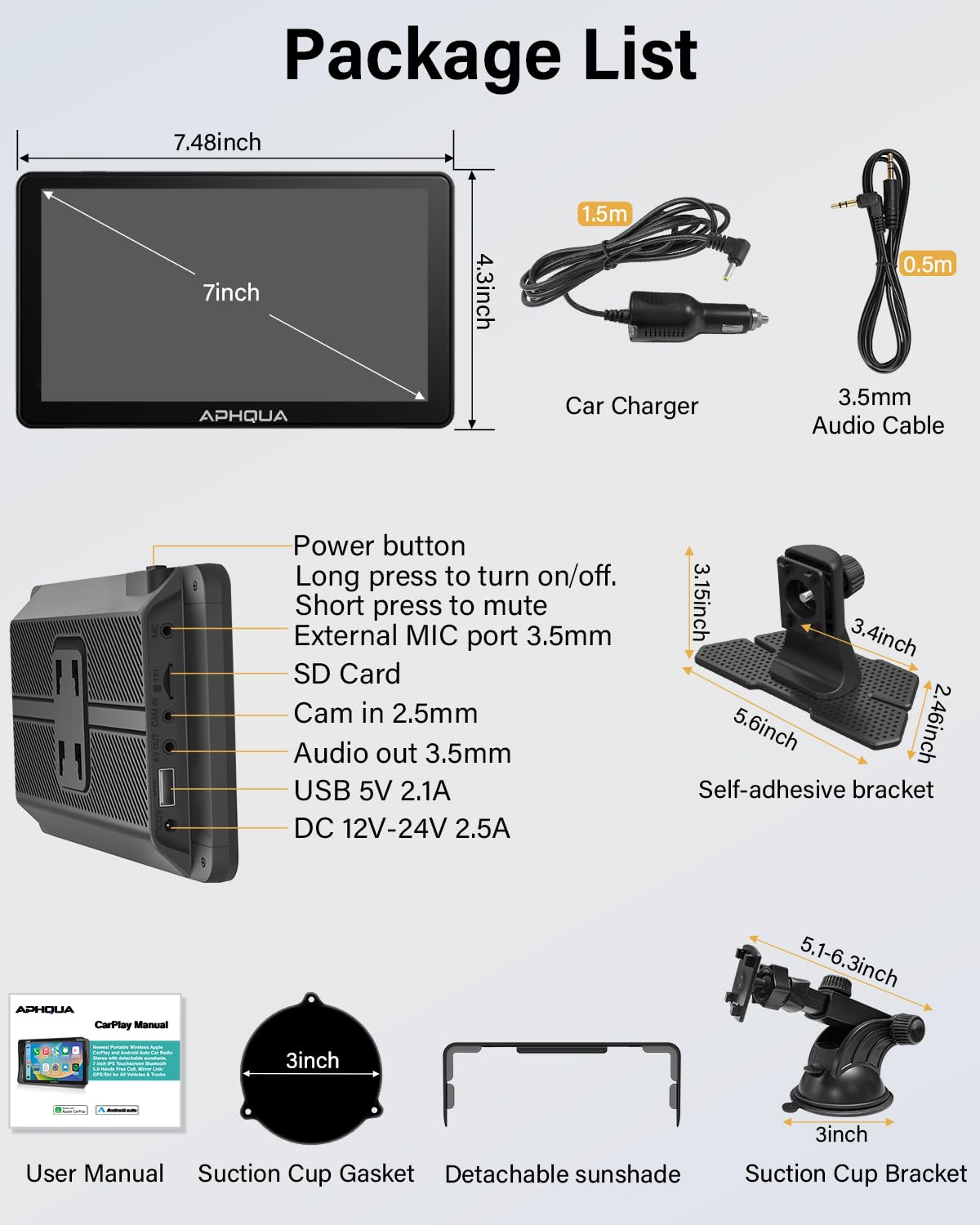 aphqua 2023 Newest Wireless Apple Carplay & Android Auto, 7-inch Touchscreen Digital Media Car Radio Receiver Wirelessly Portable Car Radio with Mirror Link, Google, Bluetooth