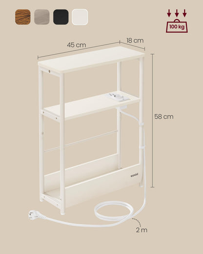 VASAGLE narrow side table with charging function, small coffee table with 3 shelves, magazine rack, for living room, bedroom, home office, cream white LET335W02