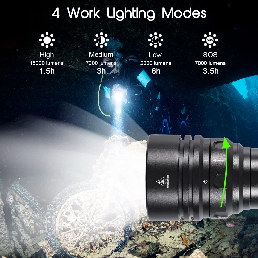 APLOS AP150 15000 lumen diving flashlight, underwater 150m, 4 modes, dive flashlight LED with battery.