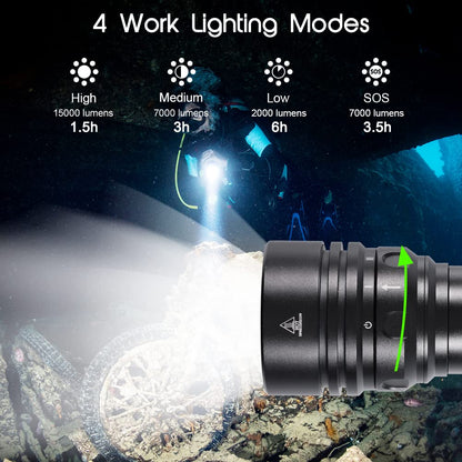 APLOS AP150 15000 lumen diving flashlight, underwater 150m, 4 modes, dive flashlight LED with battery.