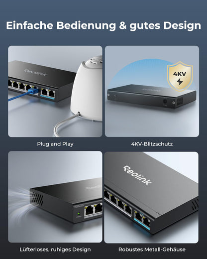 Reolink 8-port PoE switch with 2 gigabit uplink ports, up to 120W total power for all PoE ports, network switch ideal for NVR and PoE IP cameras, IEEE802.3af/at, unmanaged, RLA-PS1.