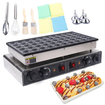 Holes Poffertjes Maker, 50 Holes Pancake Pan Mini Pancakes with 4 Cleaning Sponges 2 Brushes Whisk Food Clip