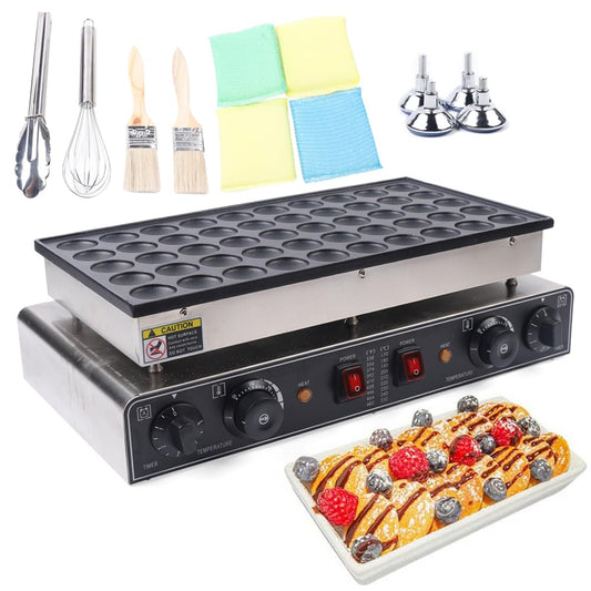 Holes Poffertjes Maker, 50 Holes Pancake Pan Mini Pancakes with 4 Cleaning Sponges 2 Brushes Whisk Food Clip