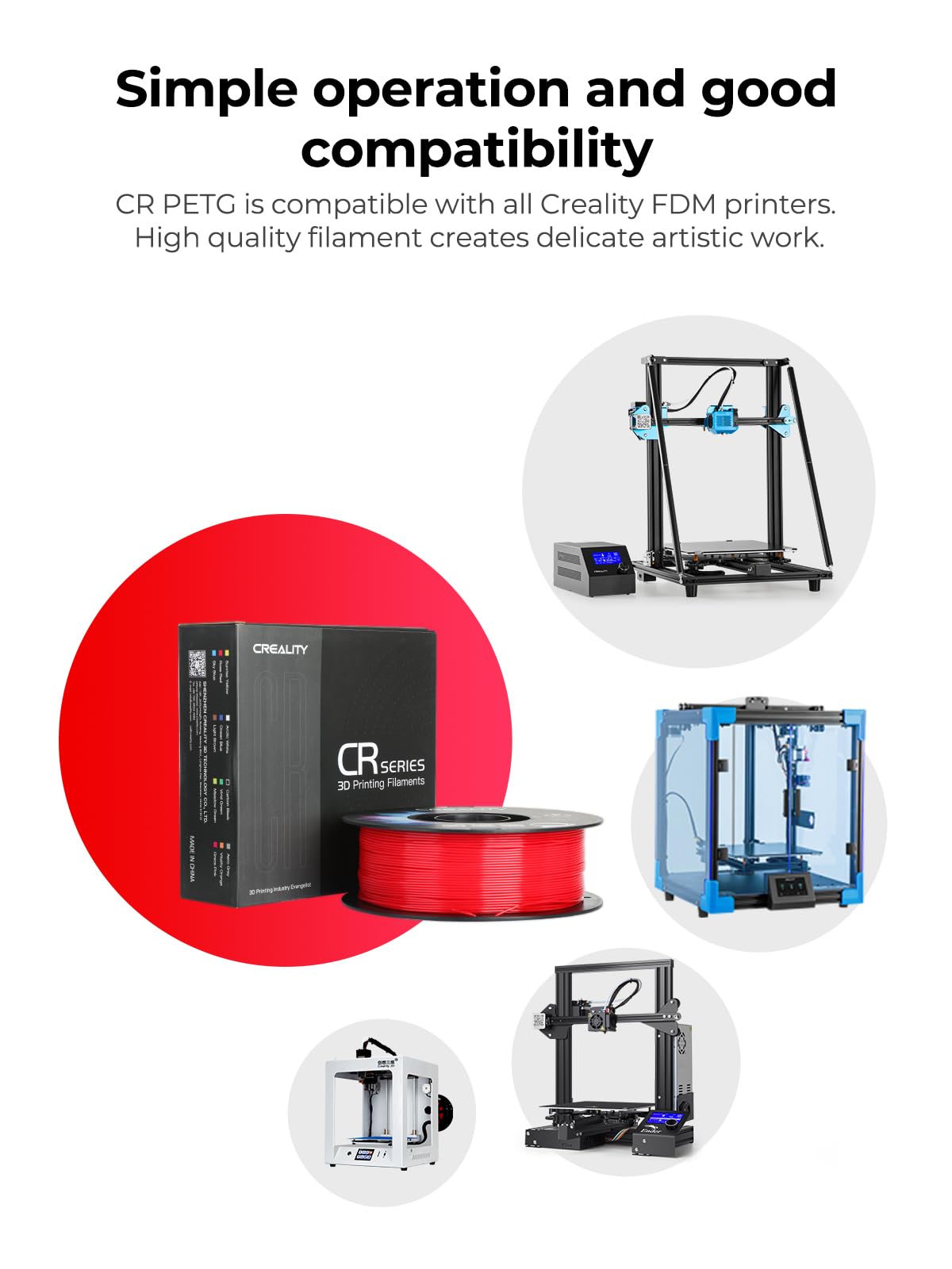 Creality CR-PETG Filament 1.75mm 4kg, 3D printer filament PETG 4 x 1kg spool, White+Black+Grey+Transparent, Dimensional accuracy +/-0.02mm Vacuum packaging