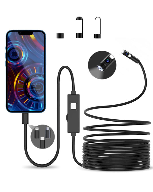 Dual Lens endoscope camera, 1080P HD endoscope camera with light, mobile waterproof IP67 no WiFi required inspection camera with 8+1 LEDs light for Android & iOS, tablet (16.4 ft/5m)
