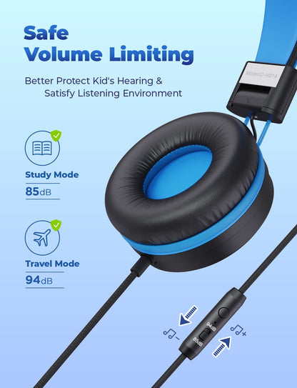 iClever Kids Headphones 2 Pack, Wired Headphones for Kids with MIC, Volume Control Adjustable Headband, Foldable On-Ear Headphones for School Plane