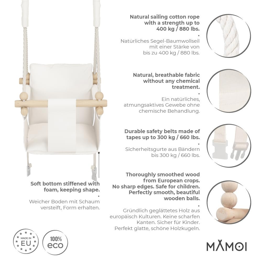 MAMOI® baby swing, indoor baby swing, wooden children's swing, wood swing for kids, door frame swings, swing, toddler swing for children's room aged 1 year and up.